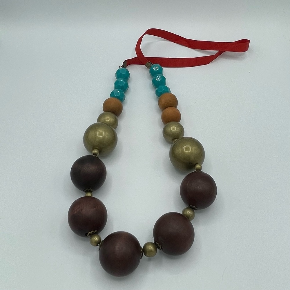 NWOT Statement Beaded Necklace with Red Ribbon Detail
